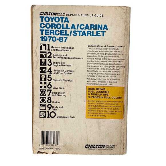 Chilton Toyota Corolla Carina Tercel Starlet 1970-1987 Repair Garage Manual 7036 - Picture 2 of 10